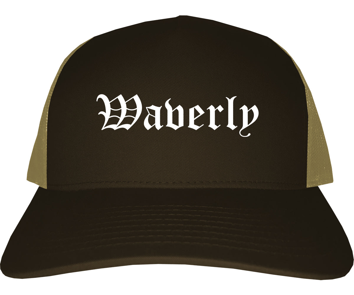 Waverly Iowa IA Old English Mens Trucker Hat Cap Brown