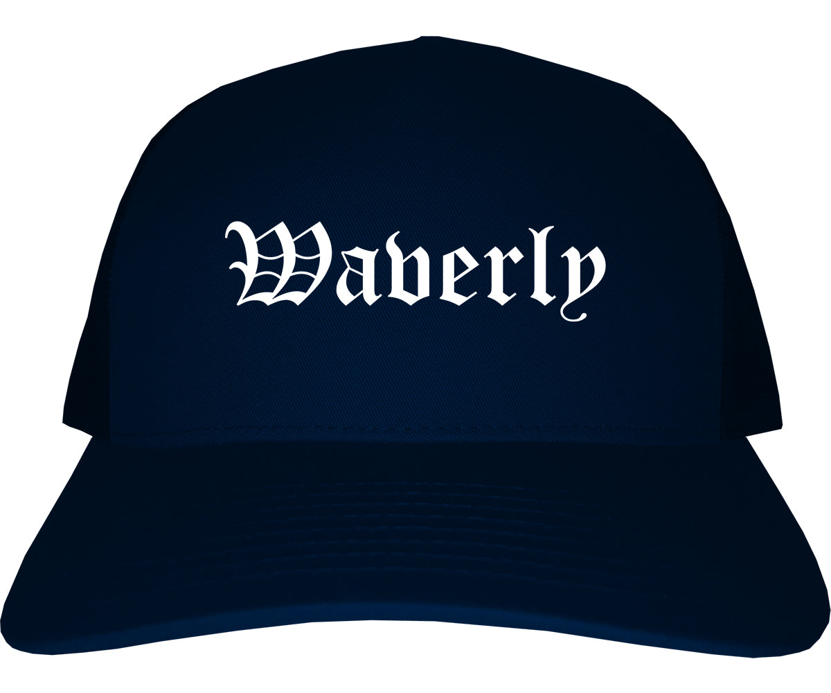 Waverly Iowa IA Old English Mens Trucker Hat Cap Navy Blue