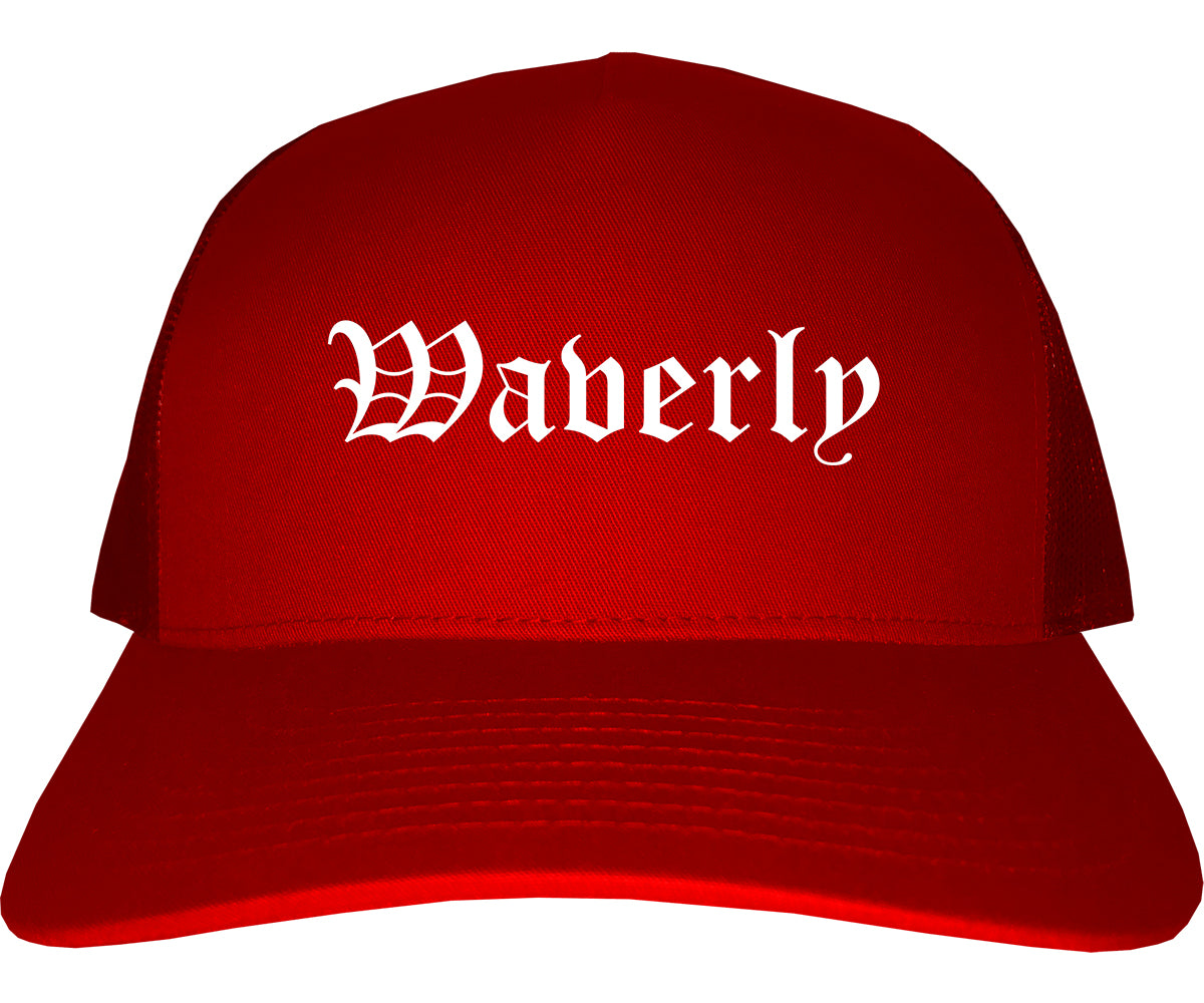 Waverly New York NY Old English Mens Trucker Hat Cap Red