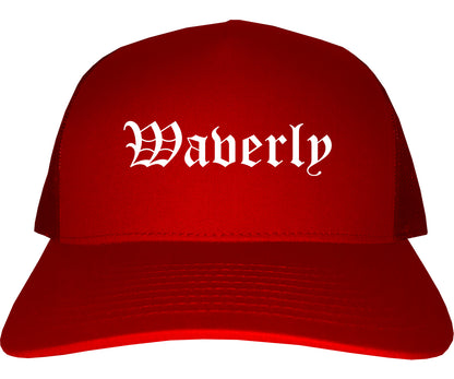Waverly New York NY Old English Mens Trucker Hat Cap Red