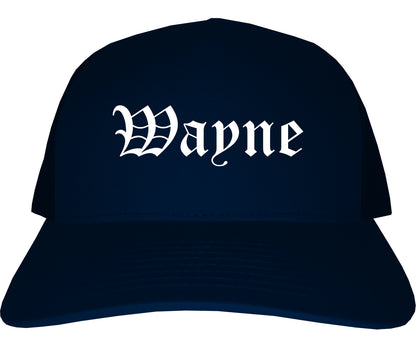 Wayne Michigan MI Old English Mens Trucker Hat Cap Navy Blue