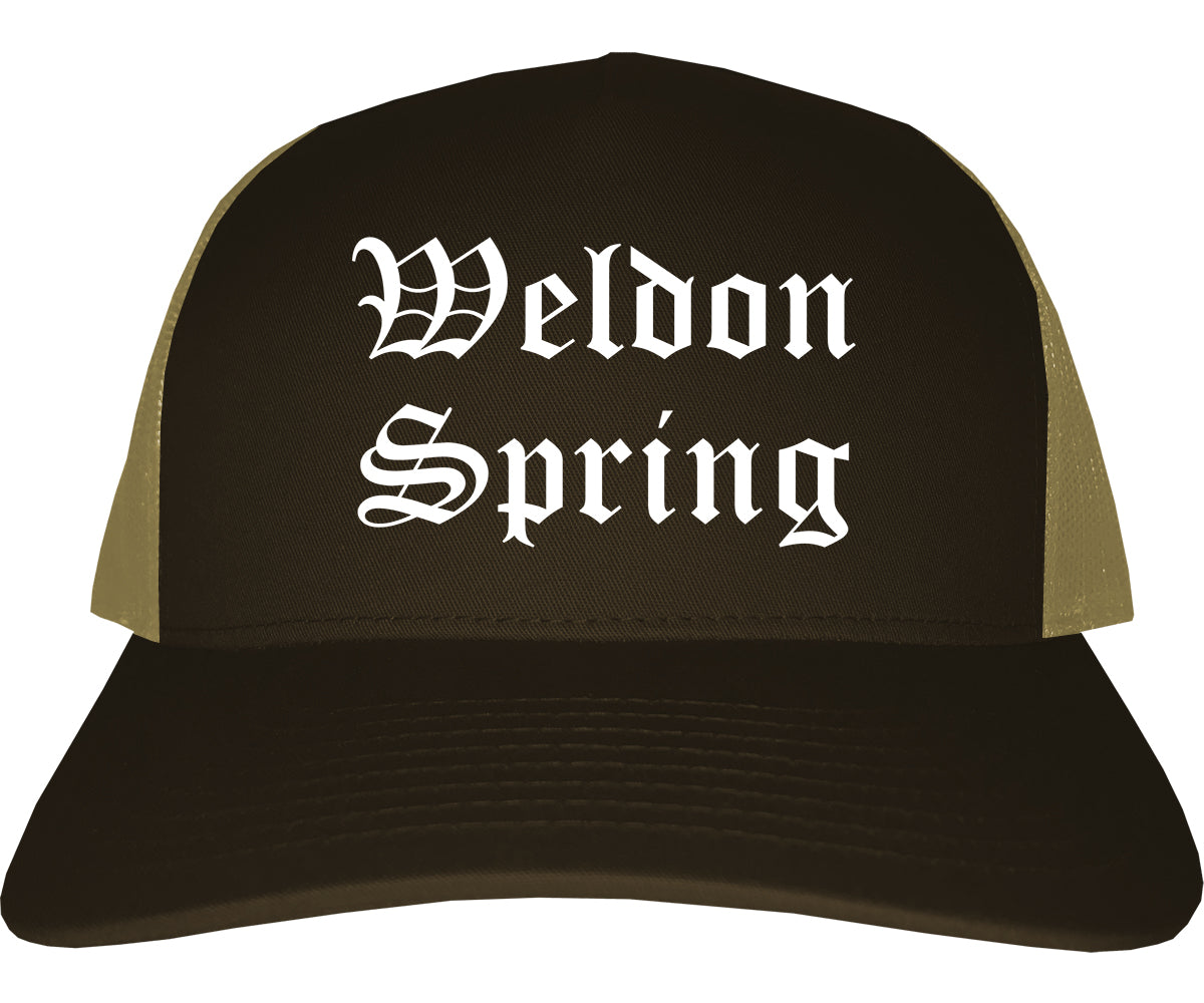 Weldon Spring Missouri MO Old English Mens Trucker Hat Cap Brown