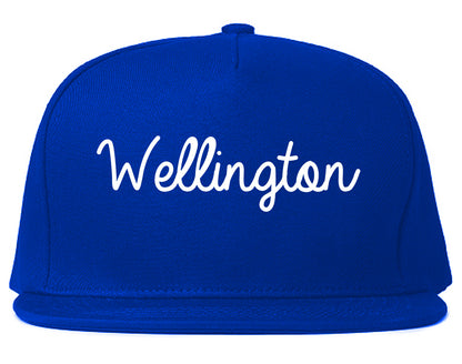 Wellington Colorado CO Script Mens Snapback Hat Royal Blue