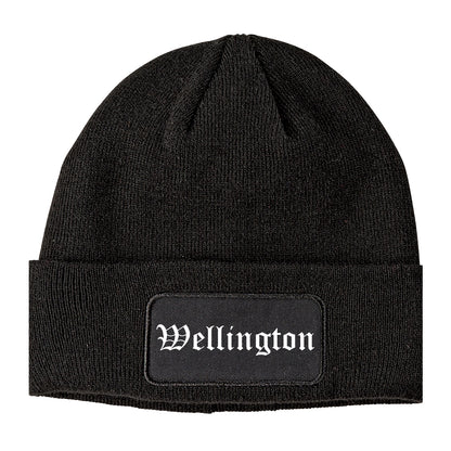 Wellington Kansas KS Old English Mens Knit Beanie Hat Cap Black