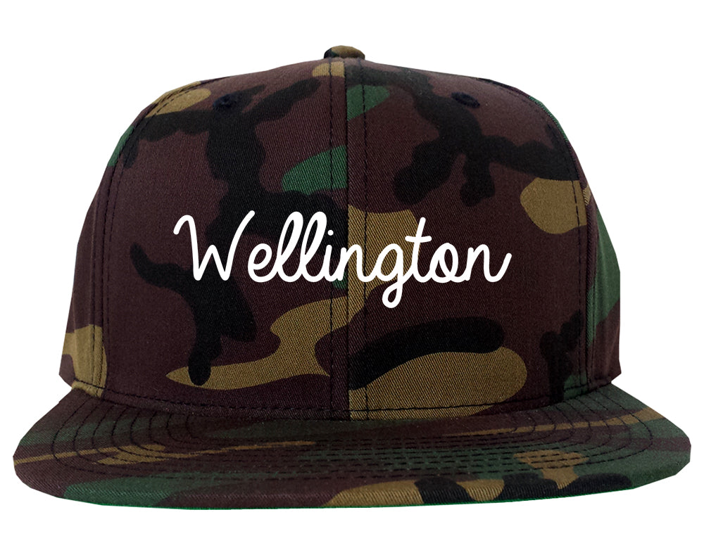 Wellington Kansas KS Script Mens Snapback Hat Army Camo