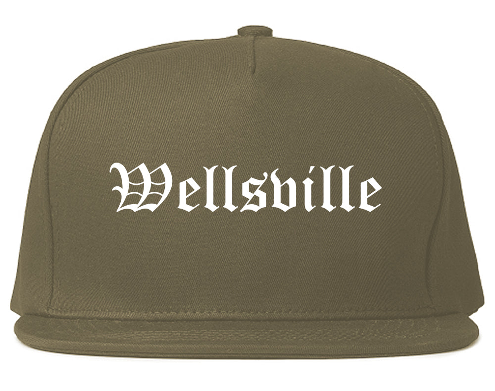 Wellsville New York NY Old English Mens Snapback Hat Grey