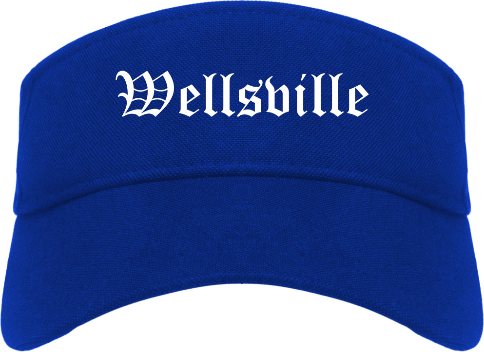 Wellsville New York NY Old English Mens Visor Cap Hat Royal Blue