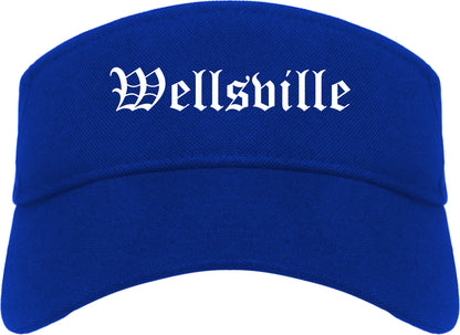 Wellsville New York NY Old English Mens Visor Cap Hat Royal Blue