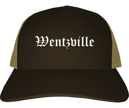 Wentzville Missouri MO Old English Mens Trucker Hat Cap Brown