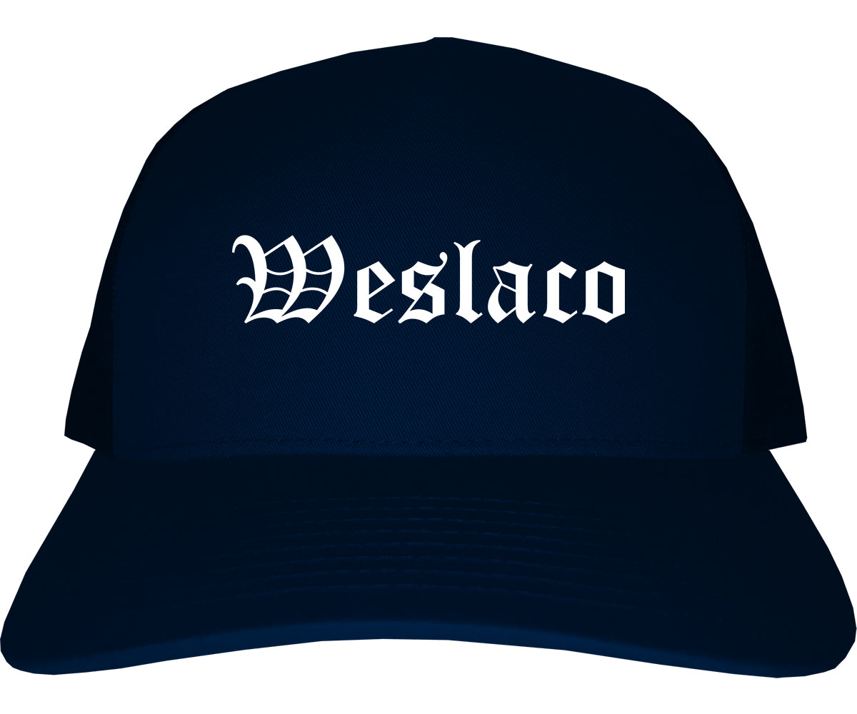 Weslaco Texas TX Old English Mens Trucker Hat Cap Navy Blue
