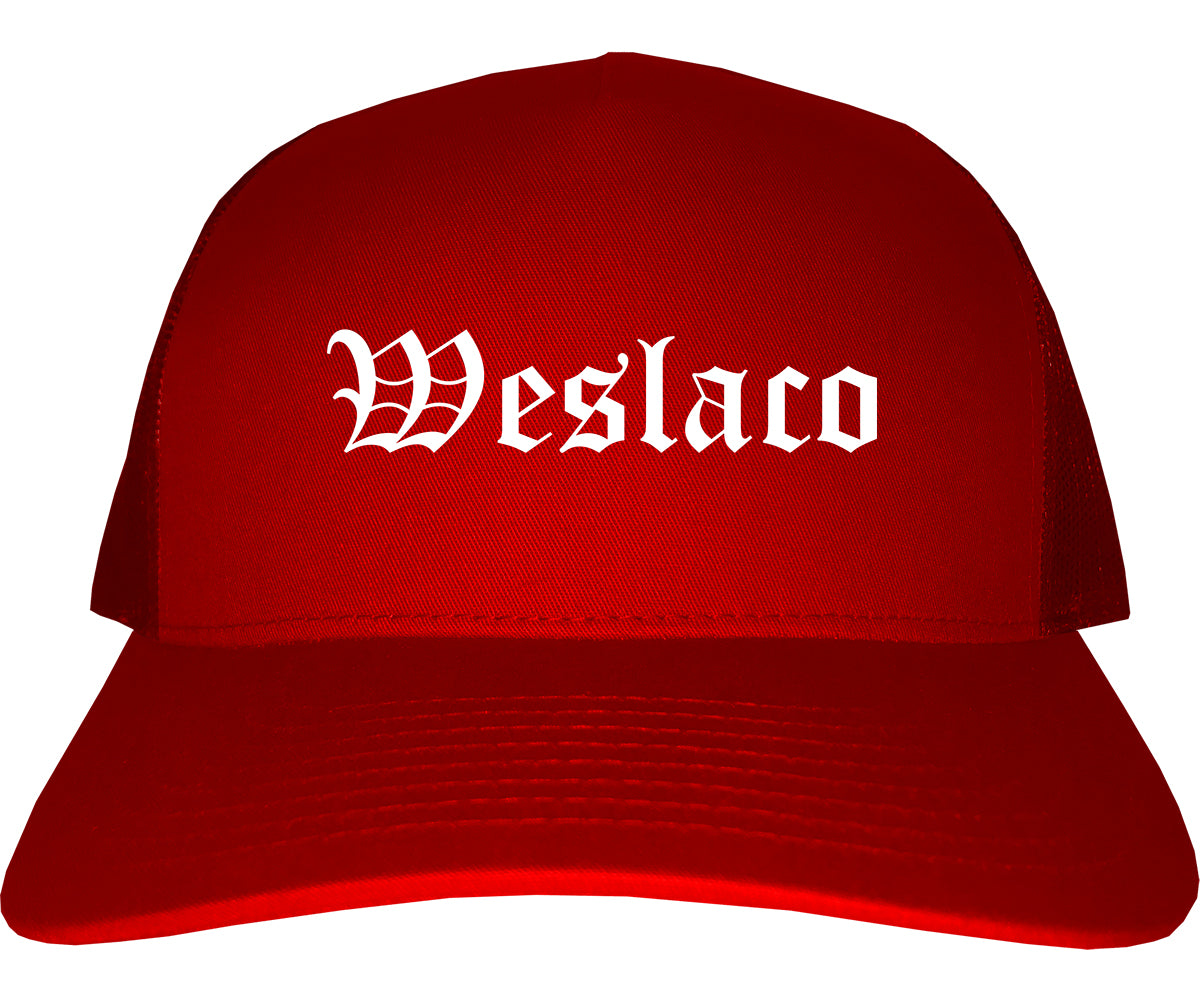 Weslaco Texas TX Old English Mens Trucker Hat Cap Red