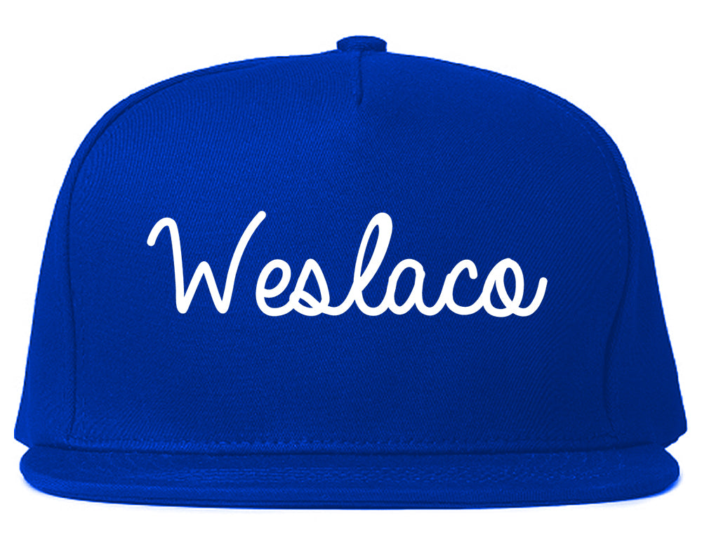 Weslaco Texas TX Script Mens Snapback Hat Royal Blue