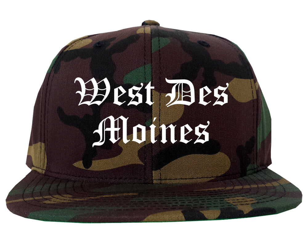 West Des Moines Iowa IA Old English Mens Snapback Hat Army Camo