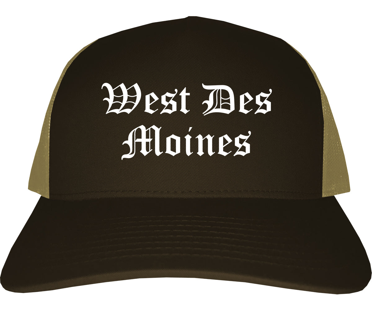 West Des Moines Iowa IA Old English Mens Trucker Hat Cap Brown