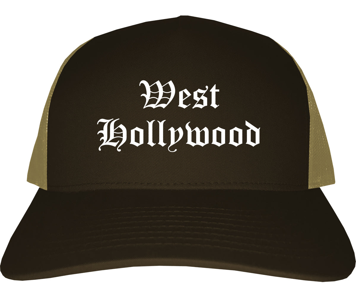 West Hollywood California CA Old English Mens Trucker Hat Cap Brown