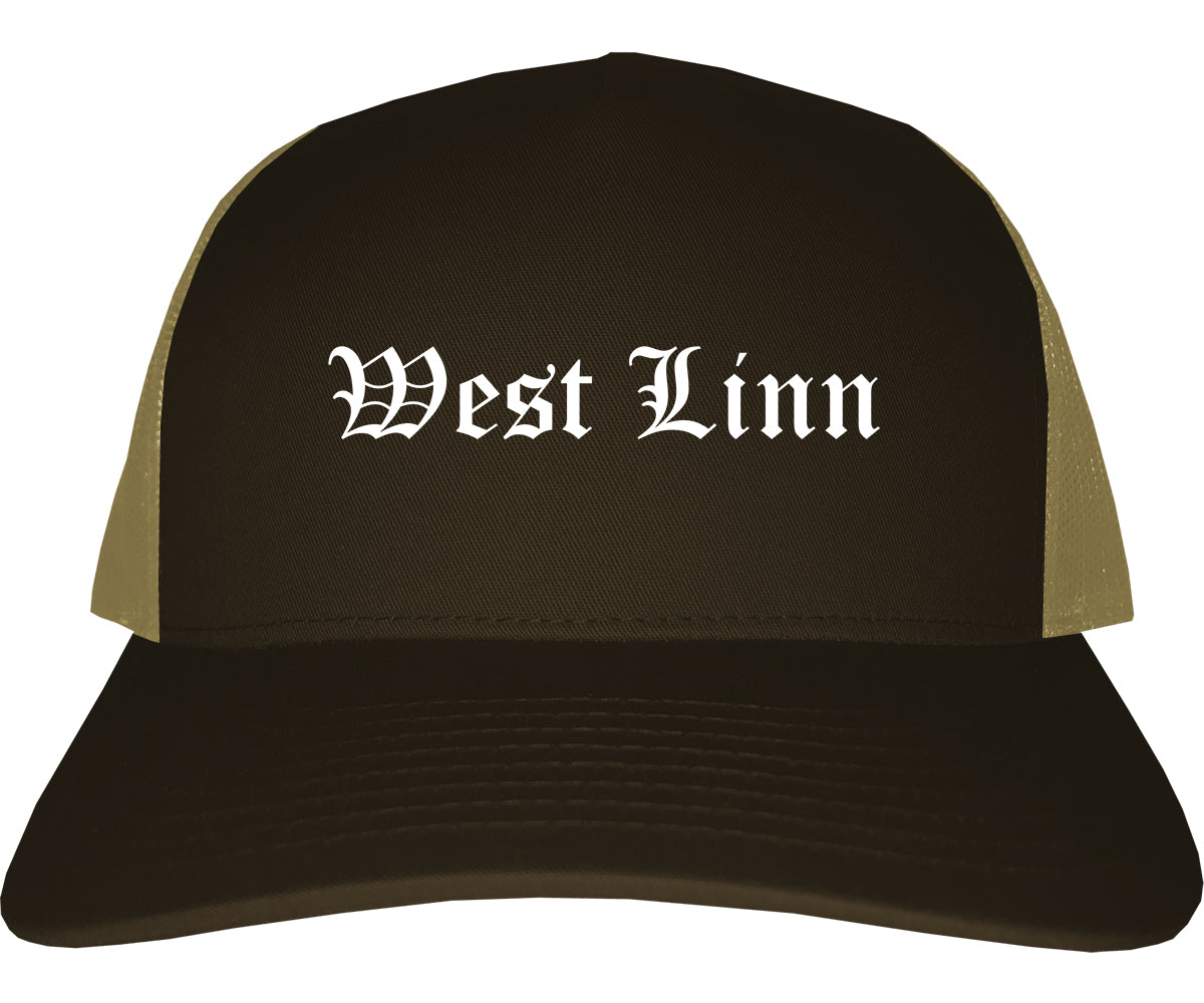 West Linn Oregon OR Old English Mens Trucker Hat Cap Brown