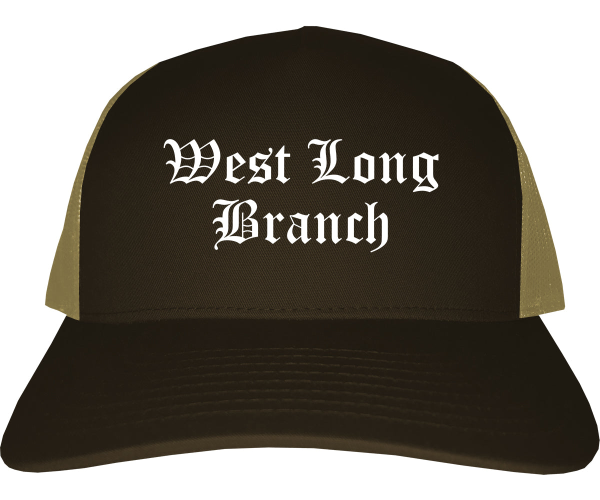 West Long Branch New Jersey NJ Old English Mens Trucker Hat Cap Brown