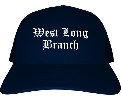 West Long Branch New Jersey NJ Old English Mens Trucker Hat Cap Navy Blue