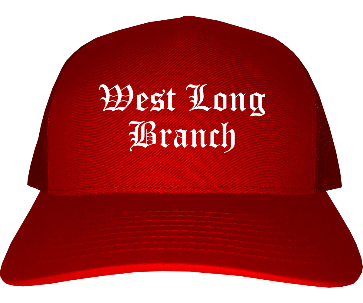 West Long Branch New Jersey NJ Old English Mens Trucker Hat Cap Red