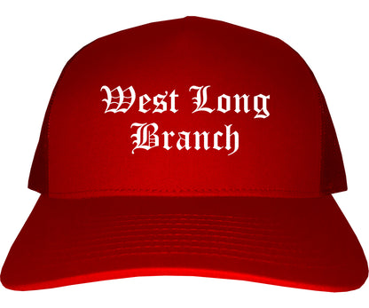 West Long Branch New Jersey NJ Old English Mens Trucker Hat Cap Red