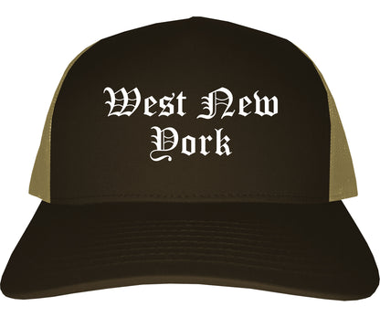 West New York New Jersey NJ Old English Mens Trucker Hat Cap Brown