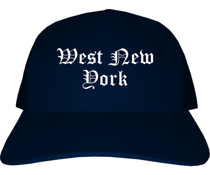West New York New Jersey NJ Old English Mens Trucker Hat Cap Navy Blue