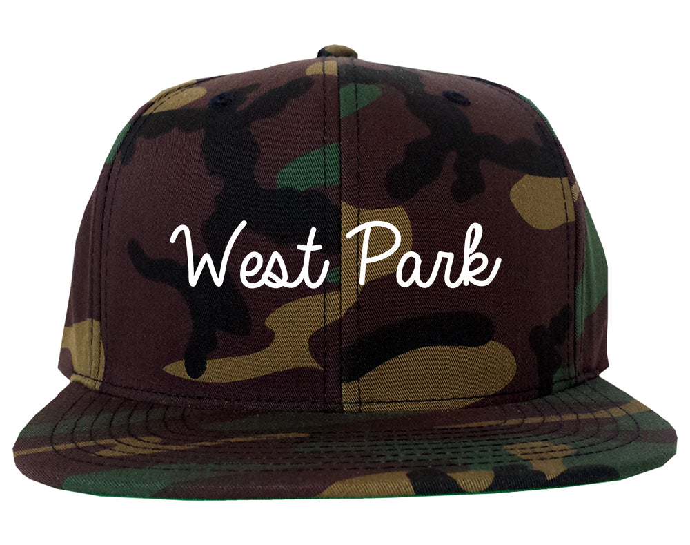West Park Florida FL Script Mens Snapback Hat Army Camo