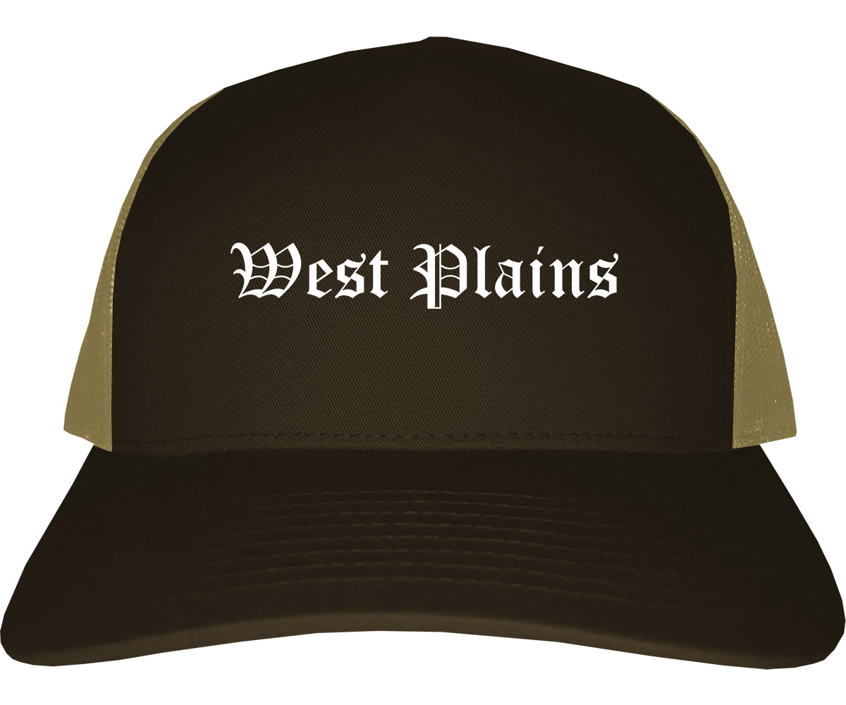 West Plains Missouri MO Old English Mens Trucker Hat Cap Brown