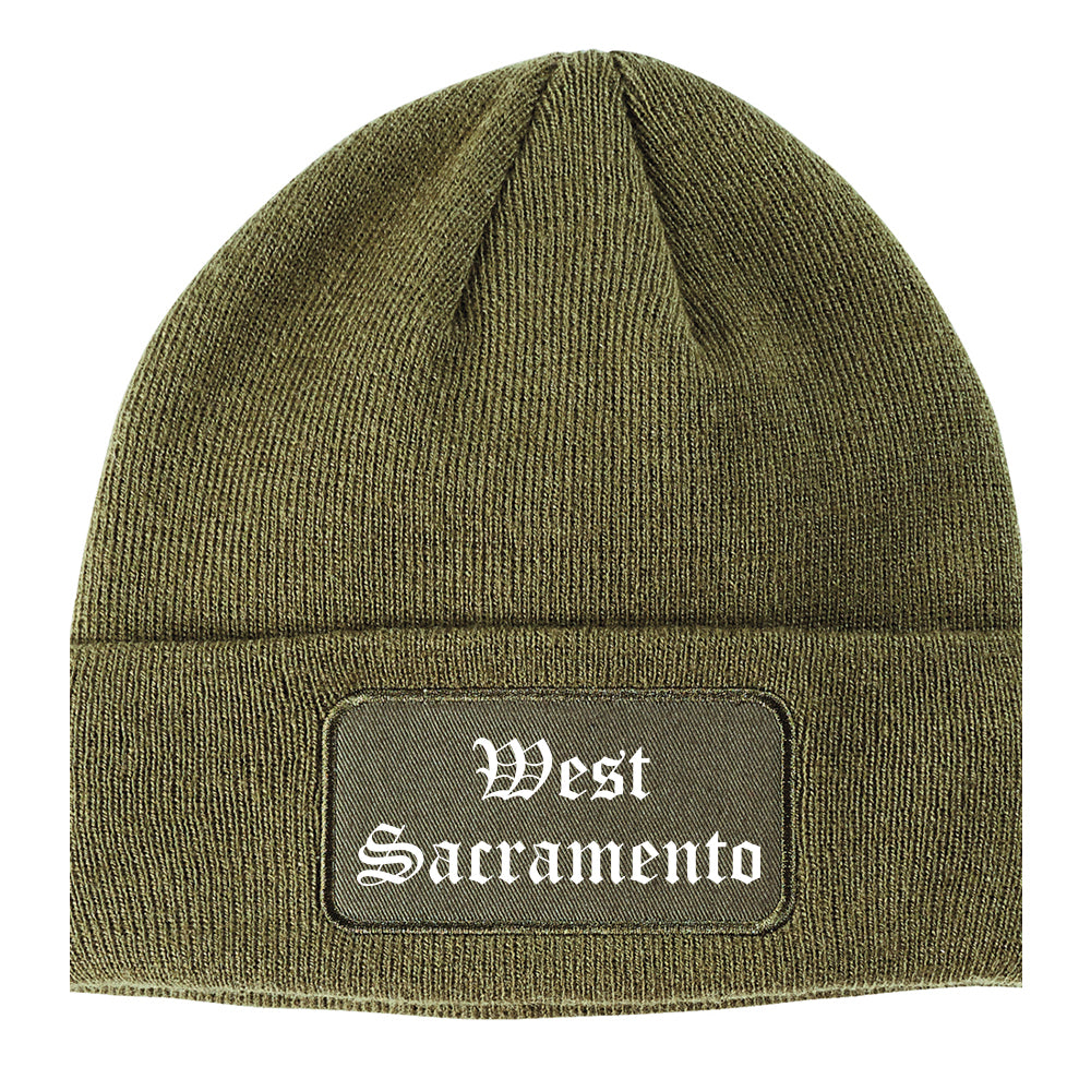 West Sacramento California CA Old English Mens Knit Beanie Hat Cap Olive Green