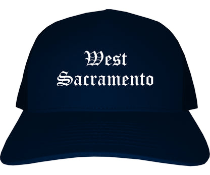 West Sacramento California CA Old English Mens Trucker Hat Cap Navy Blue