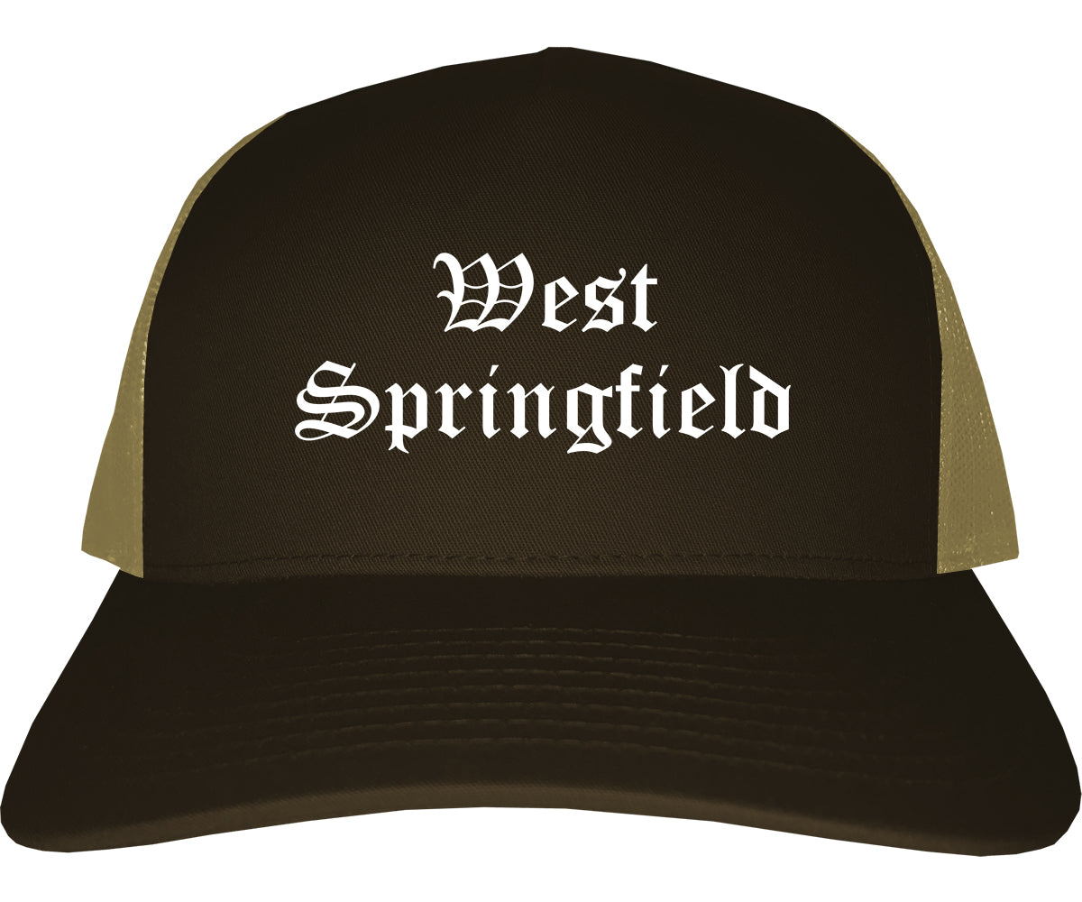 West Springfield Massachusetts MA Old English Mens Trucker Hat Cap Brown