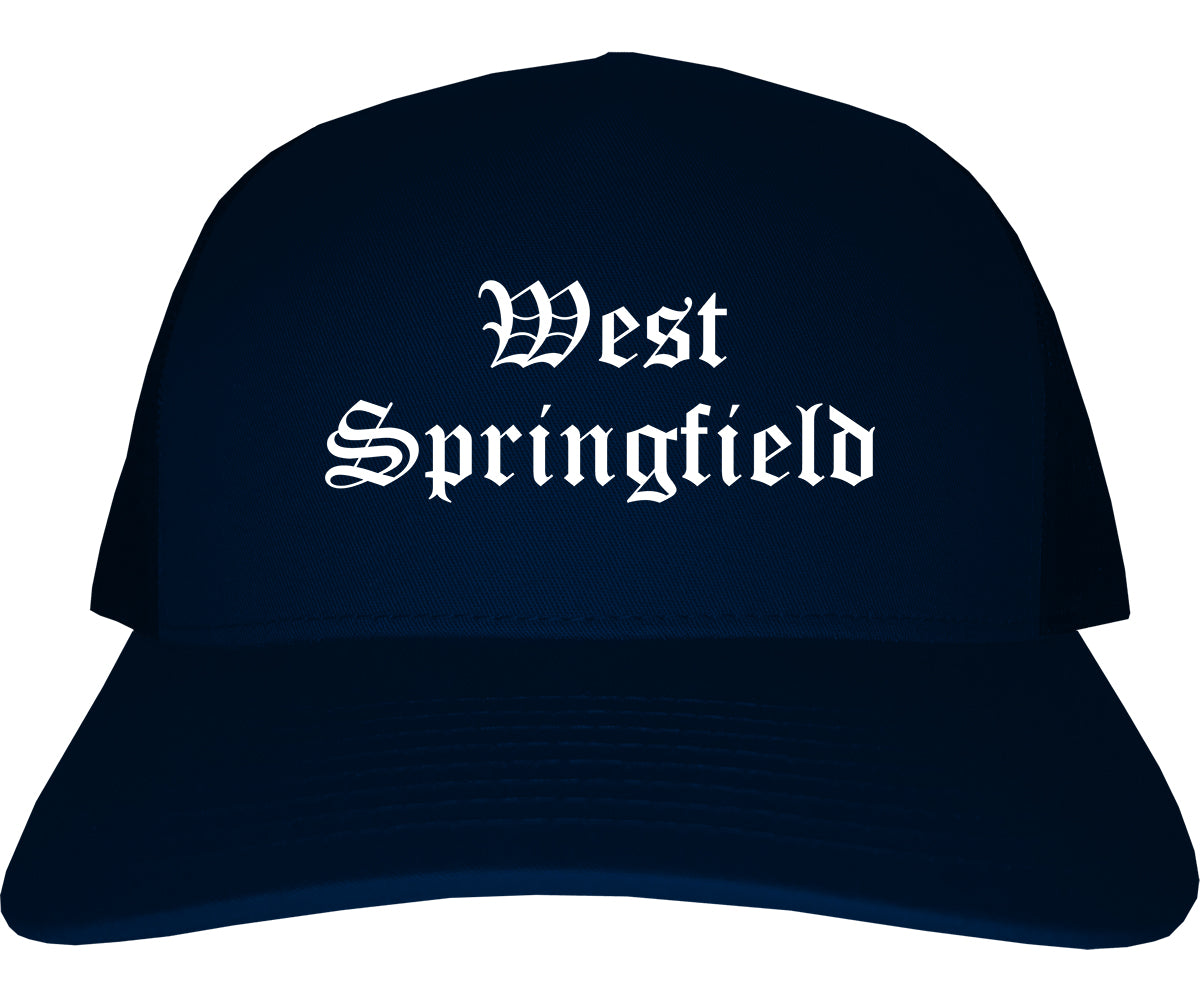 West Springfield Massachusetts MA Old English Mens Trucker Hat Cap Navy Blue