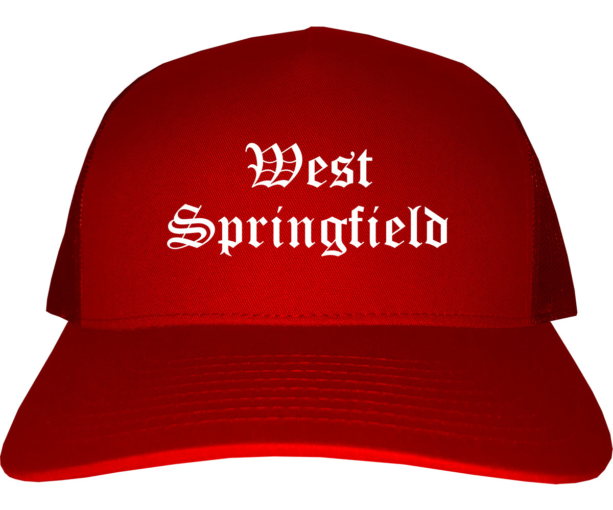 West Springfield Massachusetts MA Old English Mens Trucker Hat Cap Red