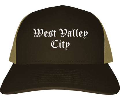 West Valley City Utah UT Old English Mens Trucker Hat Cap Brown