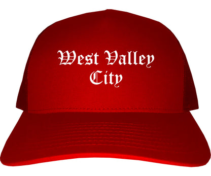 West Valley City Utah UT Old English Mens Trucker Hat Cap Red