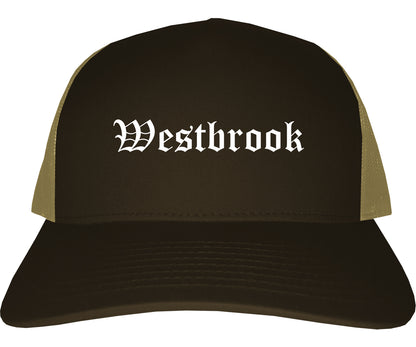 Westbrook Maine ME Old English Mens Trucker Hat Cap Brown