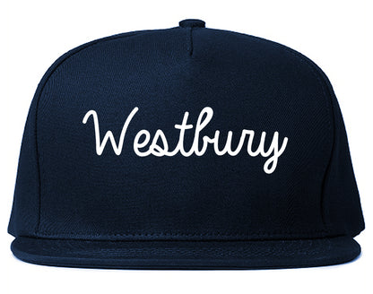 Westbury New York NY Script Mens Snapback Hat Navy Blue