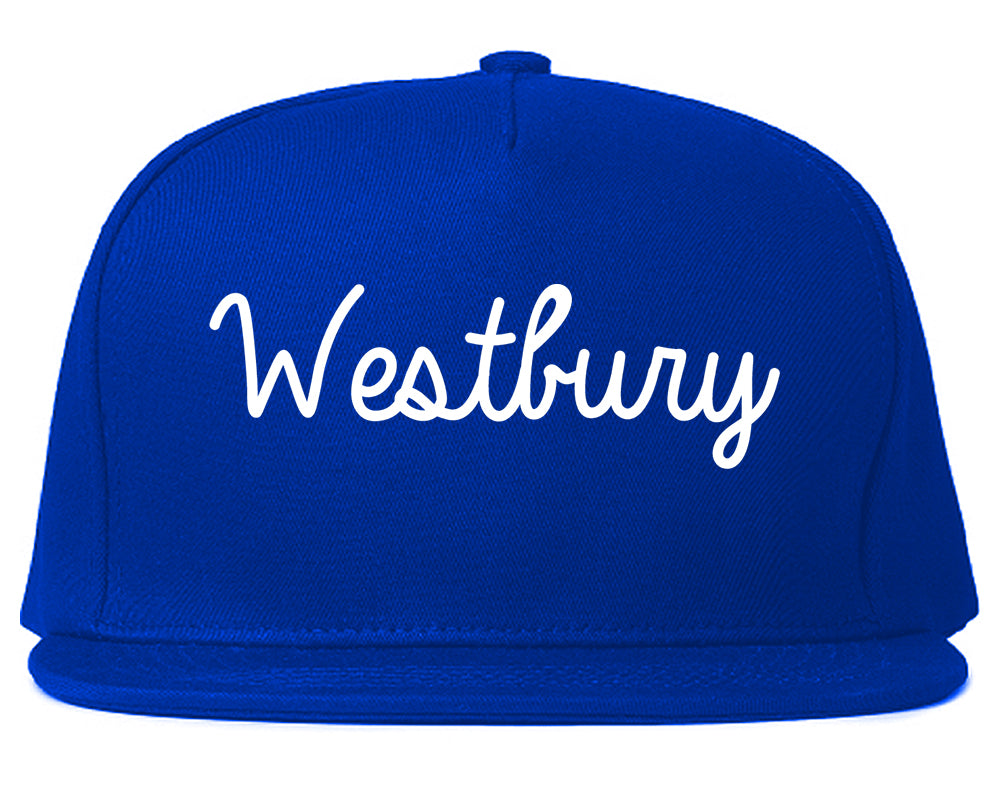 Westbury New York NY Script Mens Snapback Hat Royal Blue