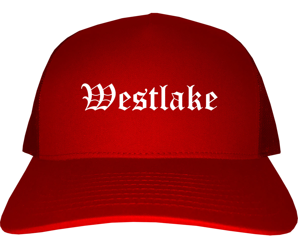 Westlake Ohio OH Old English Mens Trucker Hat Cap Red