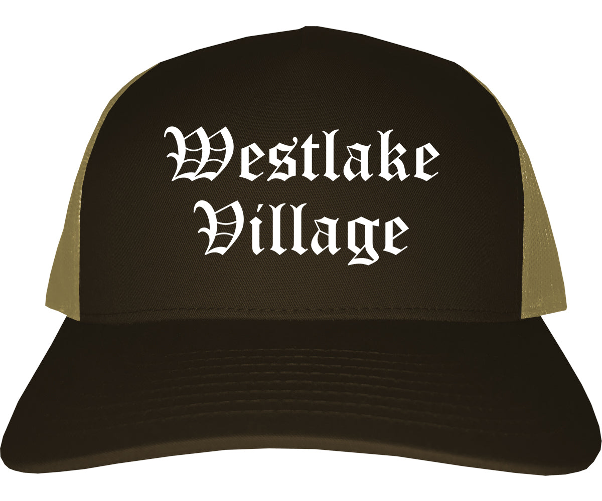 Westlake Village California CA Old English Mens Trucker Hat Cap Brown
