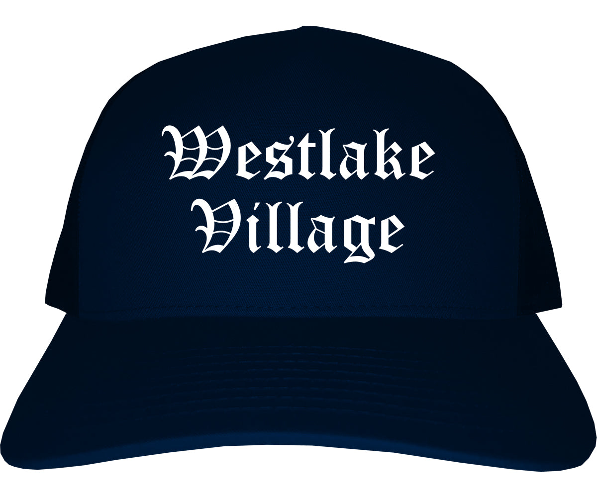Westlake Village California CA Old English Mens Trucker Hat Cap Navy Blue