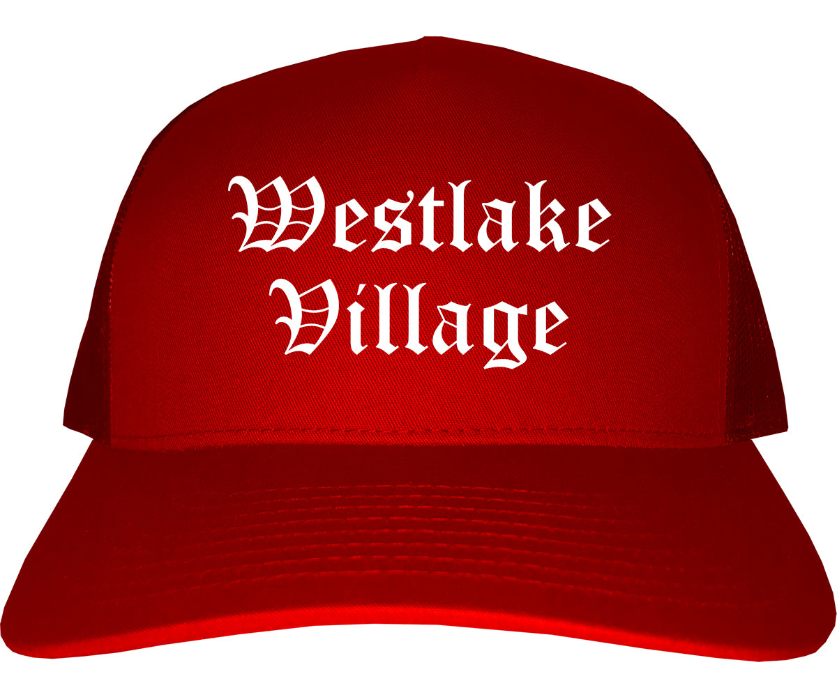 Westlake Village California CA Old English Mens Trucker Hat Cap Red