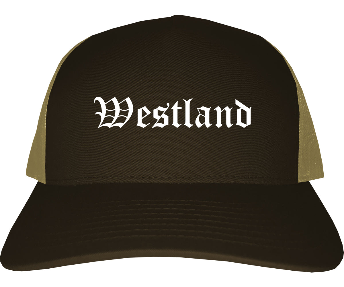 Westland Michigan MI Old English Mens Trucker Hat Cap Brown