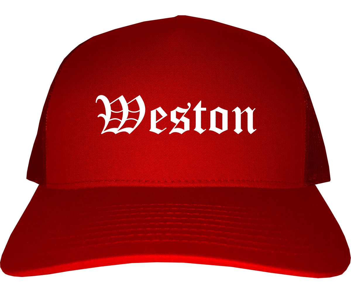 Weston Wisconsin WI Old English Mens Trucker Hat Cap Red