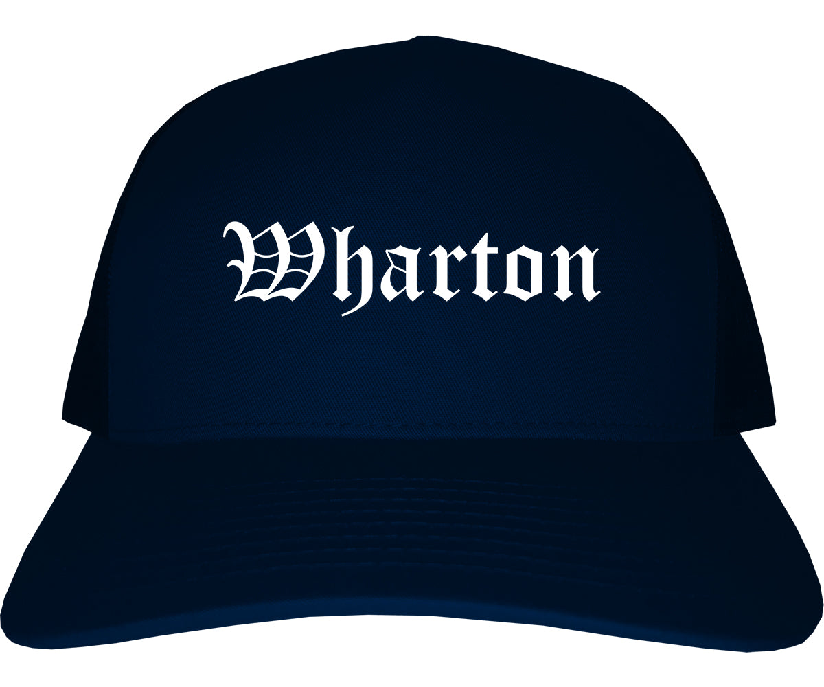 Wharton Texas TX Old English Mens Trucker Hat Cap Navy Blue