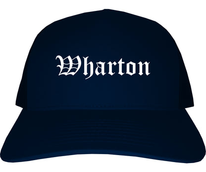 Wharton Texas TX Old English Mens Trucker Hat Cap Navy Blue