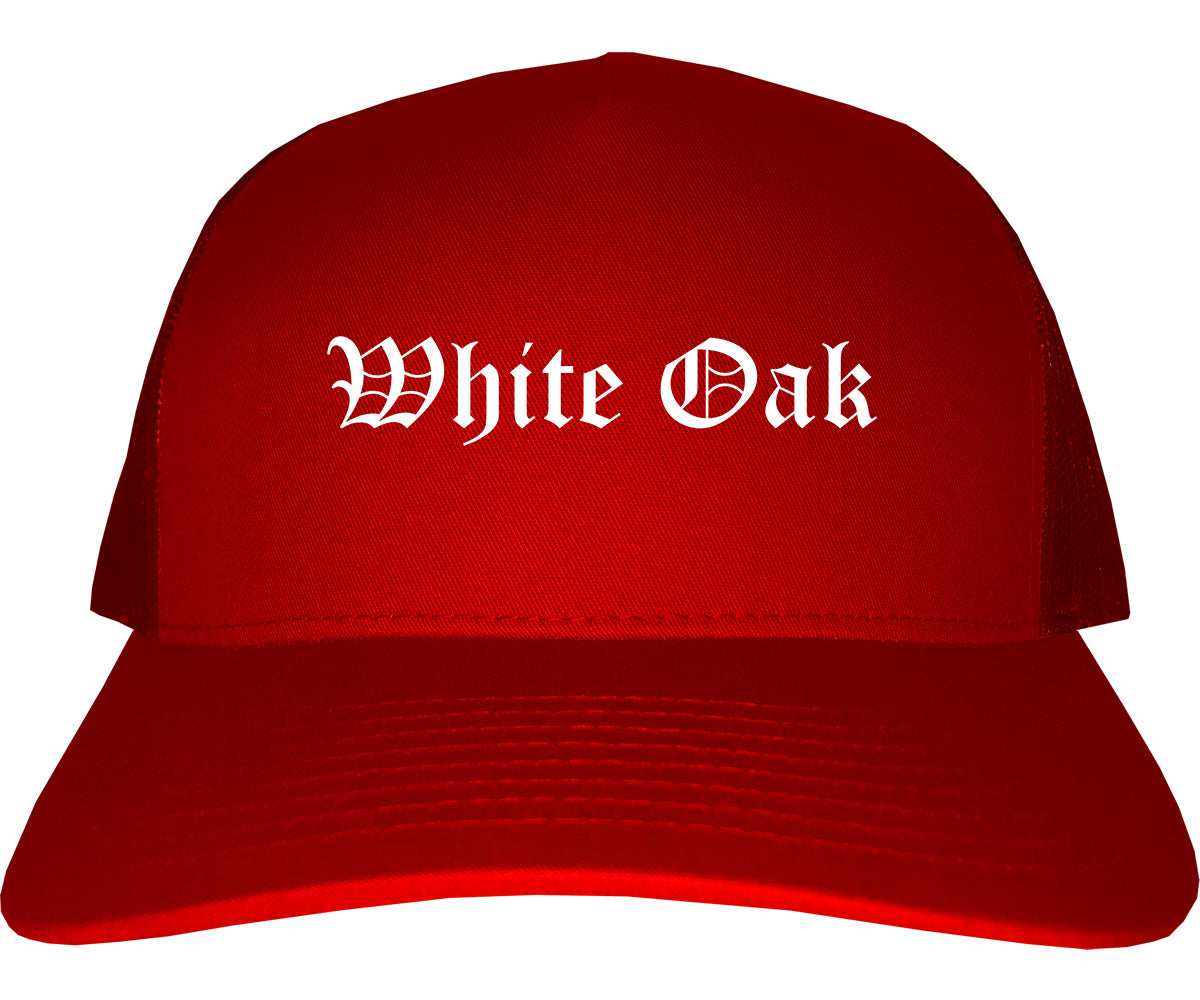Brown Oak Texas TX Old English Mens Trucker Hat Cap Red