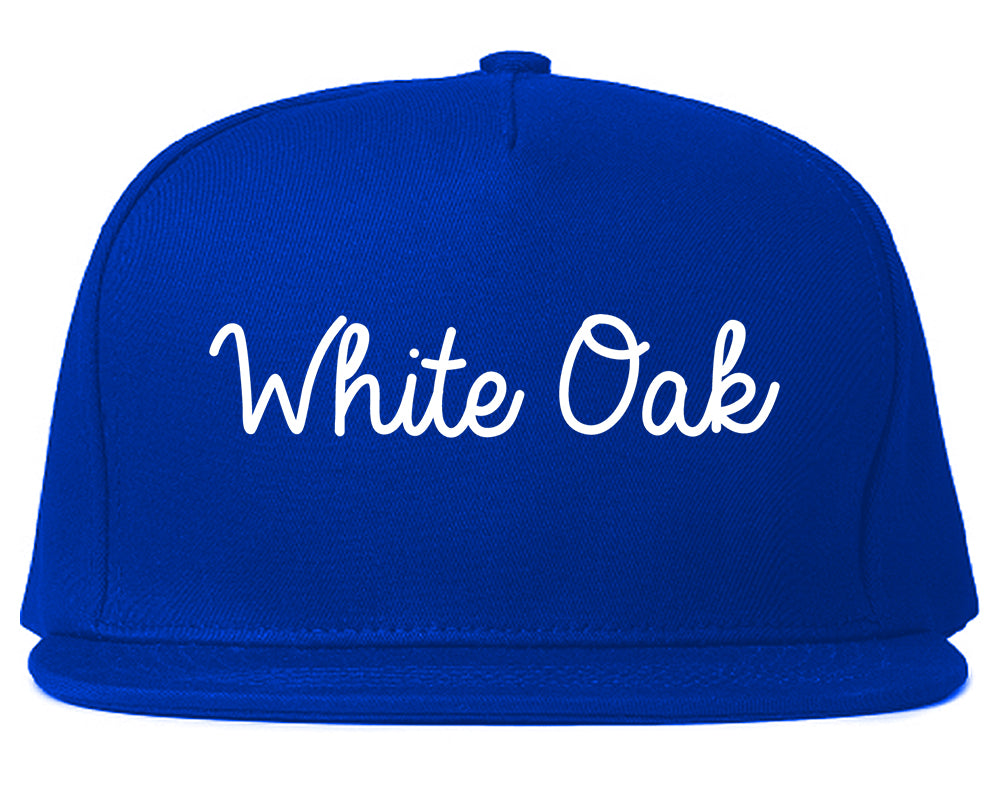 White Oak Texas TX Script Mens Snapback Hat Royal Blue