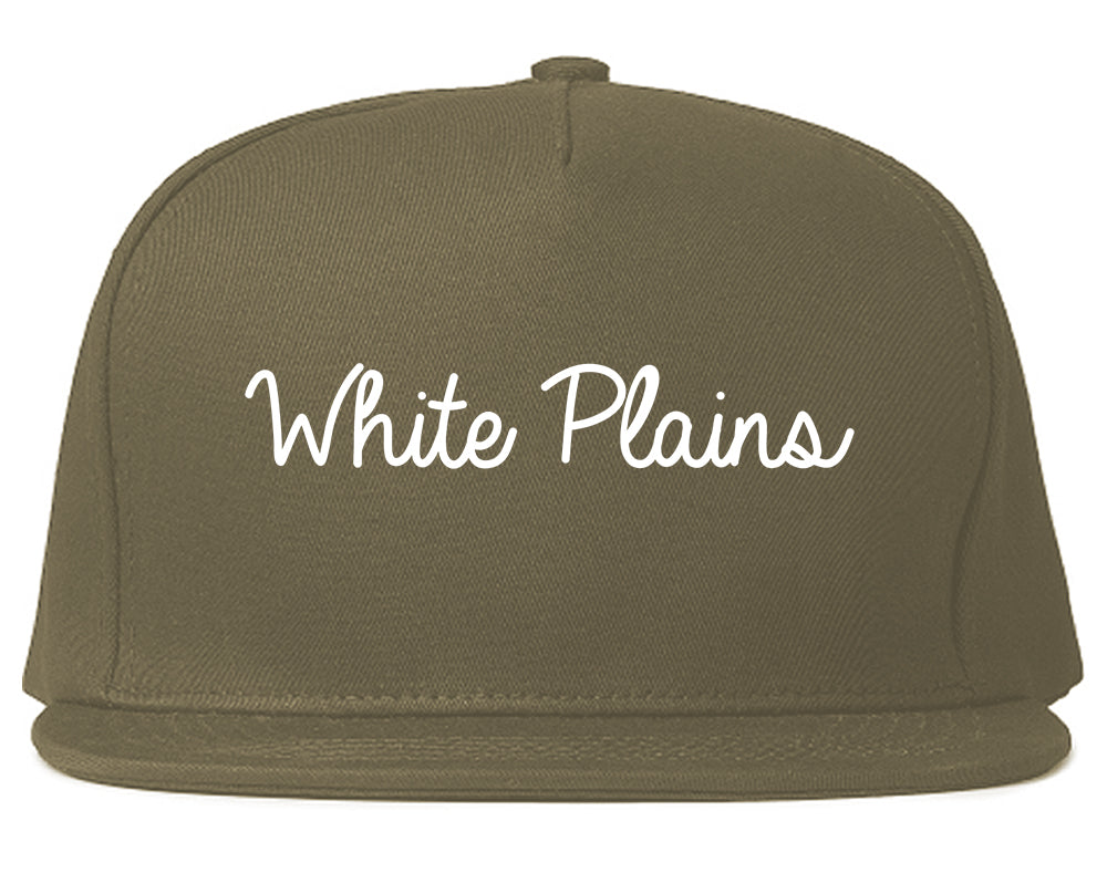 White Plains New York NY Script Mens Snapback Hat Grey