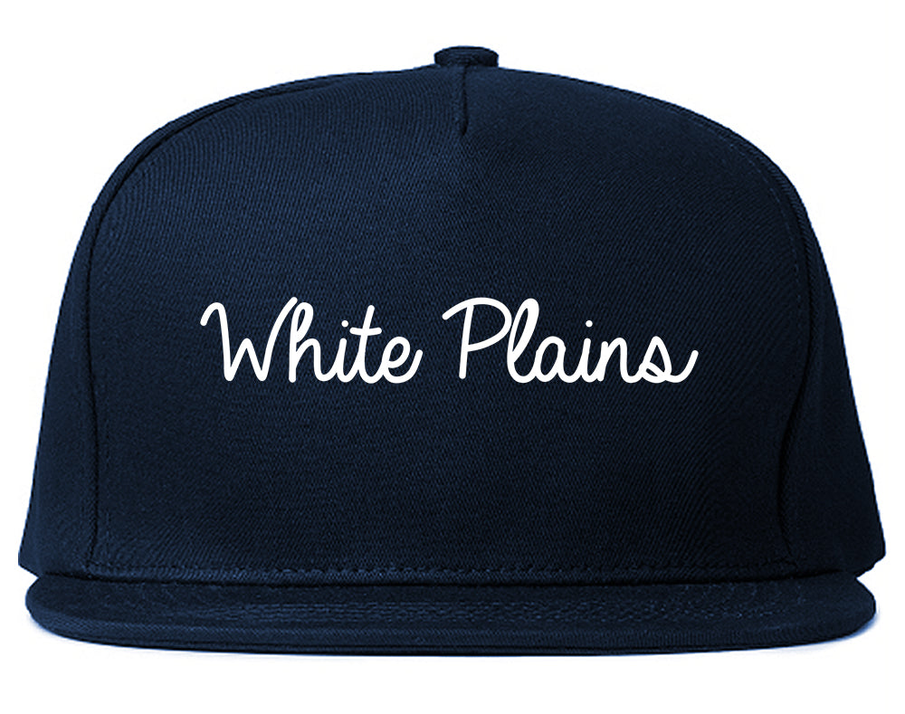 White Plains New York NY Script Mens Snapback Hat Navy Blue